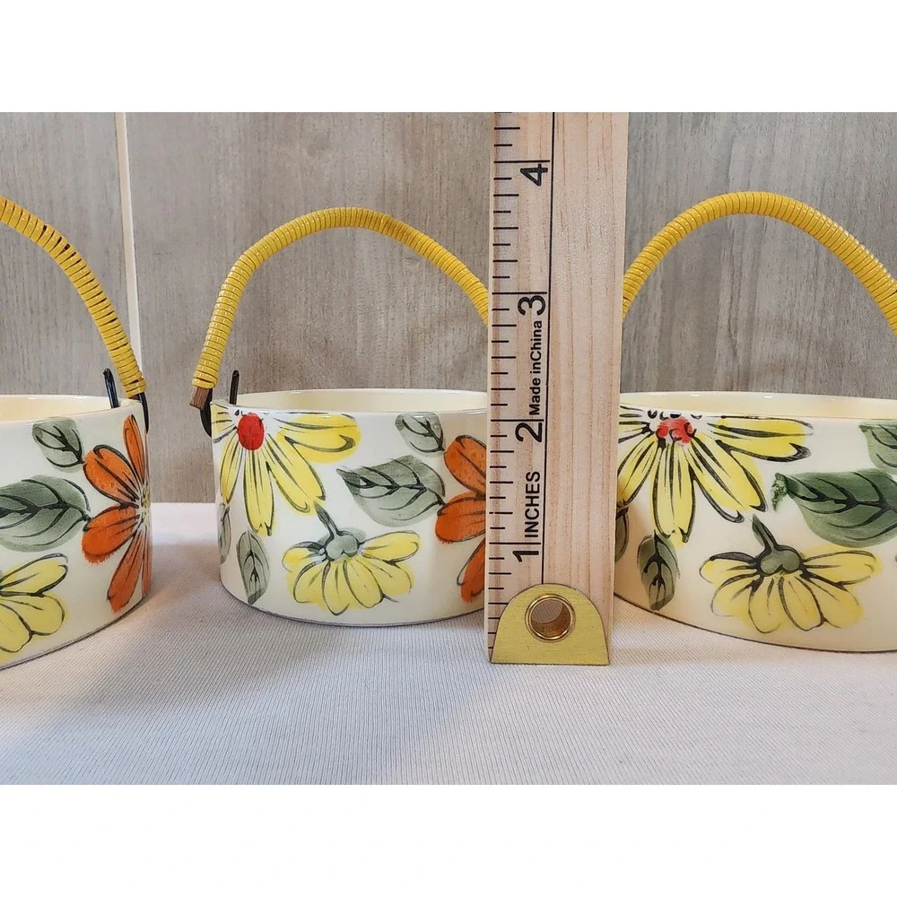 Vintage 60s Japan Floral Handled Basket Planter Set of 4 Hand Painted MCM Groovy